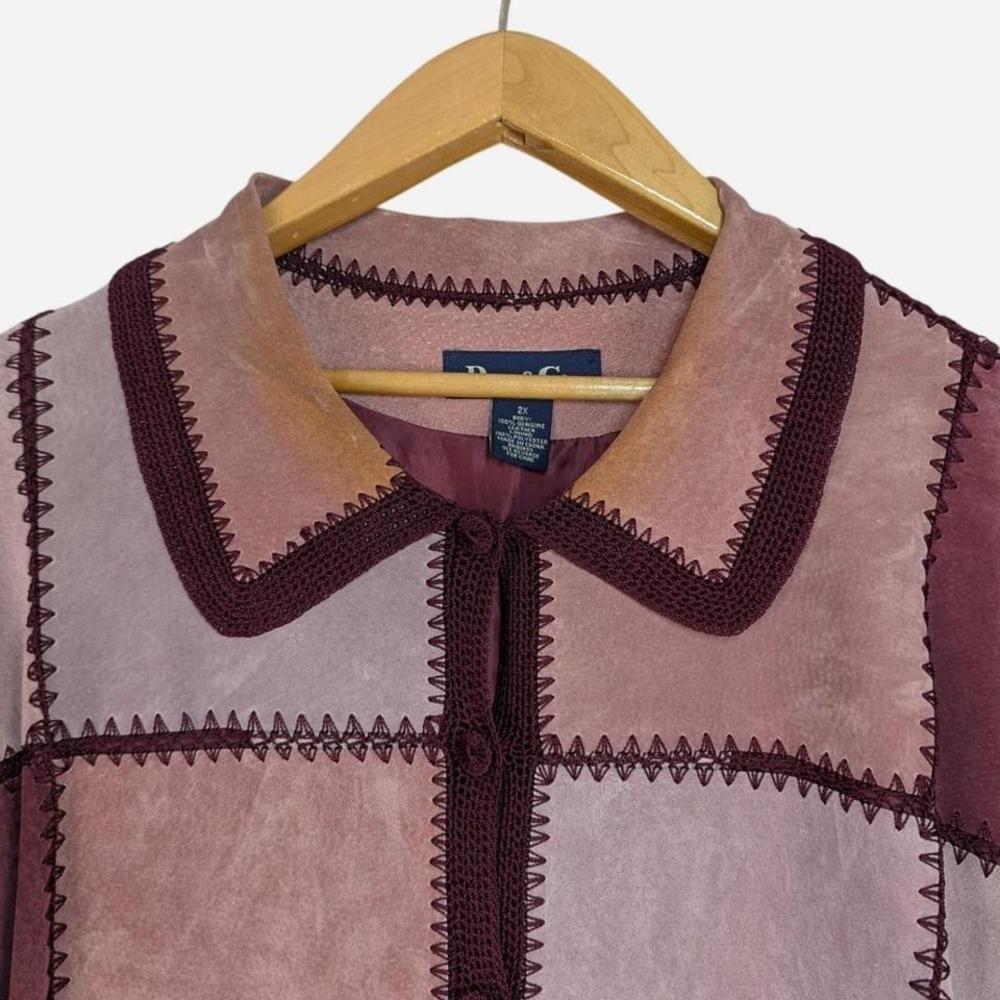 Denim & Co Genuine Leather Patchwork Crochet Jacket Mauve Pink 2X - Picture 3 of 8